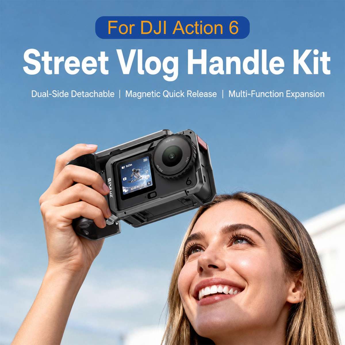 For DJI Osmo Action 6 PULUZ Metal Camera Cage Expansion Adapter with Handle Grip (Titanium)