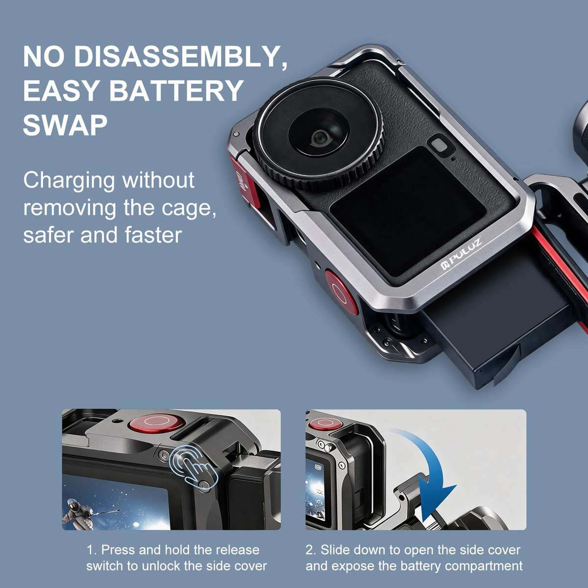 For DJI Osmo Action 6 PULUZ Metal Camera Cage Expansion Adapter with Handle Grip (Titanium)