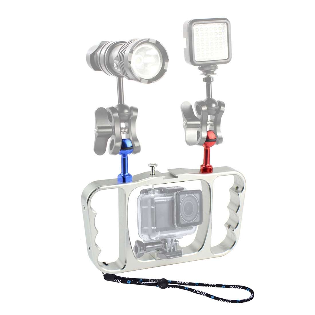 PULUZ Dual Handheld Diving Light Arm CNC Aluminum Mount with Lanyard for GoPro, Insta ... (Silver)