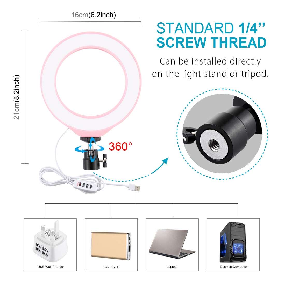 PULUZ 6.2 inch 16cm USB 3 Modes Dimmable LED Ring Vlogging Photography Video Lights wit ... (Pink)