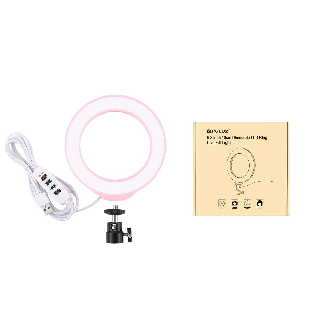 PULUZ 6.2 inch 16cm USB 3 Modes Dimmable LED Ring Vlogging Photography Video Lights wit ... (Pink)