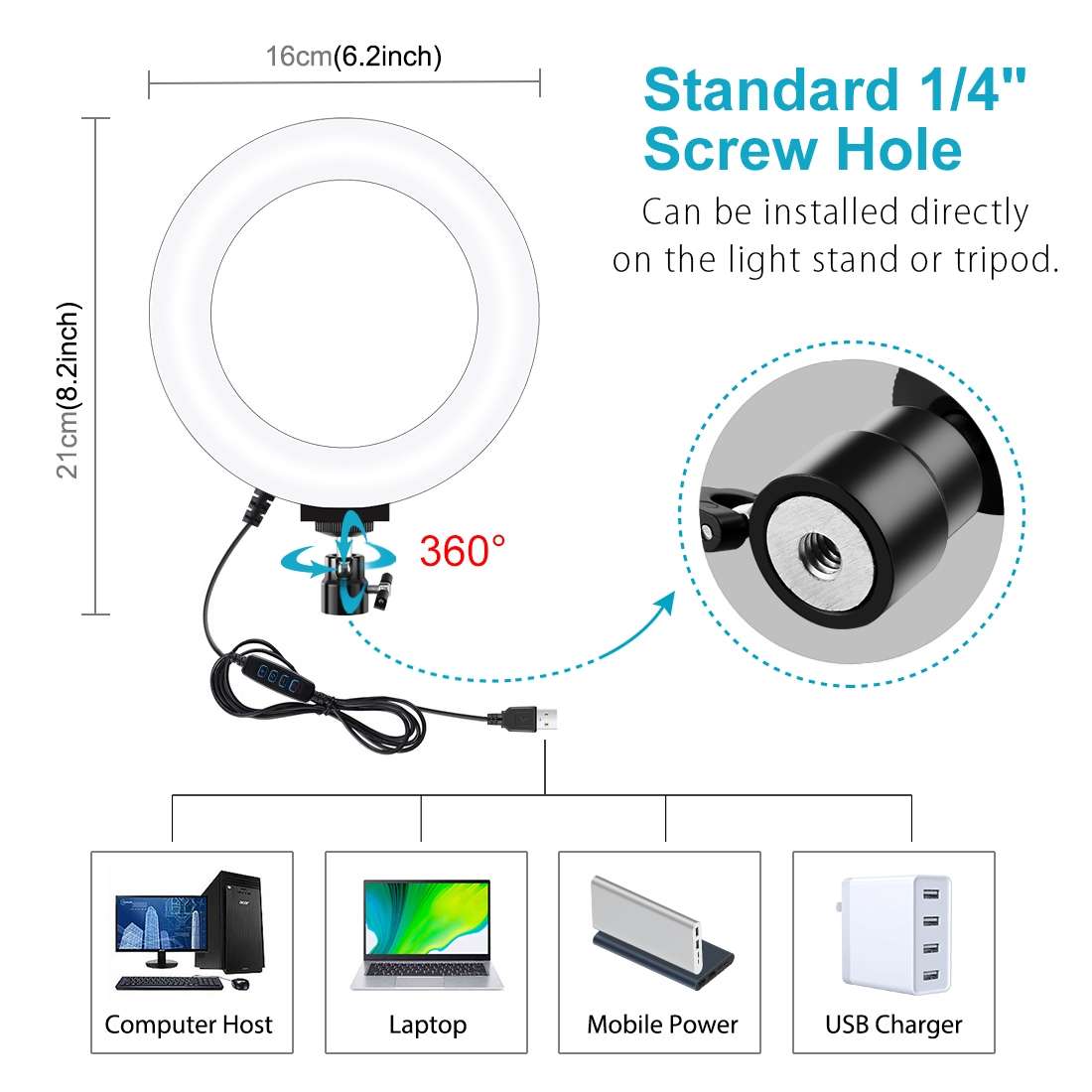 PULUZ 6.2 inch 16cm USB 3 Modes Dimmable LED Ring Vlogging Photography Video Lights wi ... (Black)