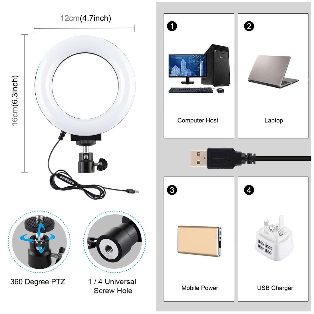 PULUZ 4.7 inch 12cm Curved Surface USB 10 Modes 8 Colors RGBW Dimmable LED Ring Vloggi ... (Black)
