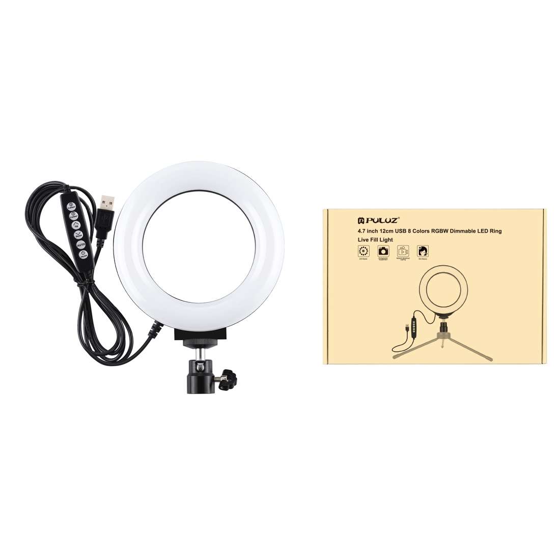 PULUZ 4.7 inch 12cm Curved Surface USB 10 Modes 8 Colors RGBW Dimmable LED Ring Vloggi ... (Black)