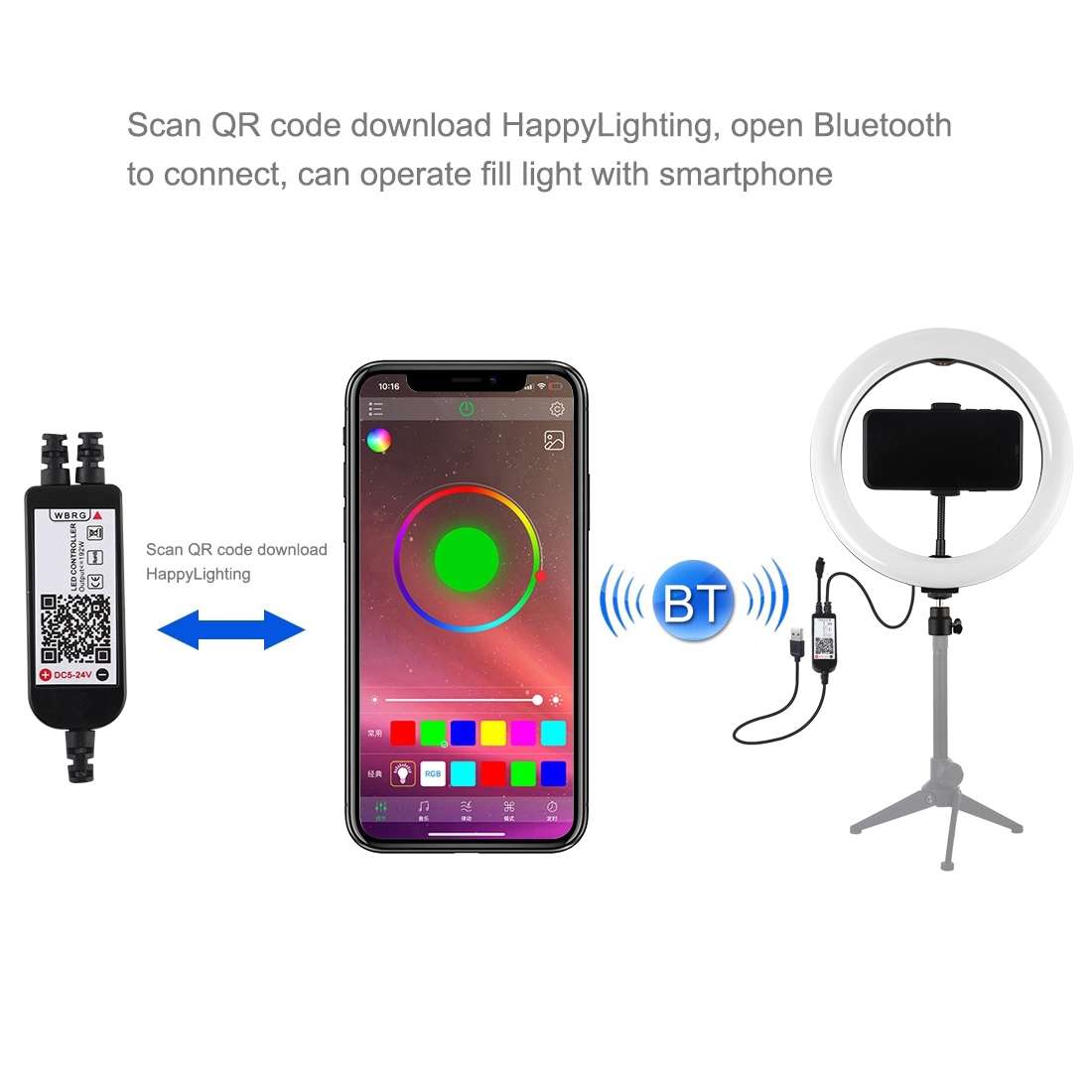 PULUZ 10.2 inch 26cm Curved Surface USB RGBW Dimmable LED Ring Vlogging Photography Video Lights wit