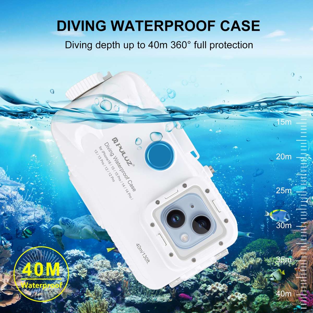 PULUZ 40m/130ft Waterproof Diving Case for iPhone 16 / 15 / 15 Pro / 14 / 14 Pro / 13 ... (White)