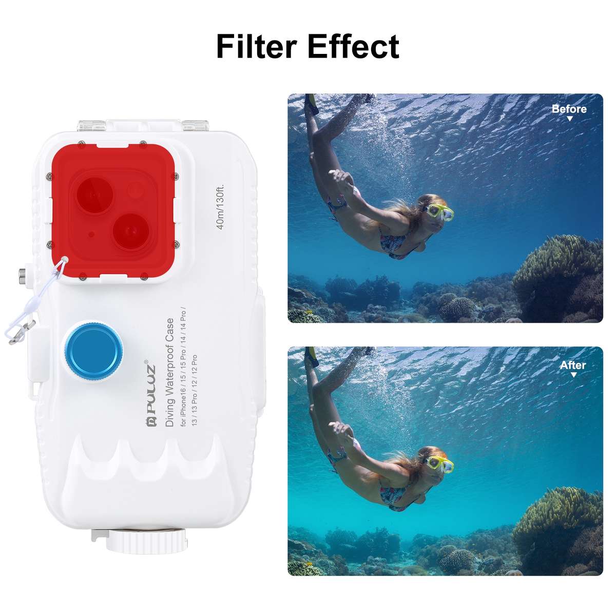 PULUZ 40m/130ft Waterproof Diving Case for iPhone 16 / 15 / 15 Pro / 14 / 14 Pro / 13 ... (White)
