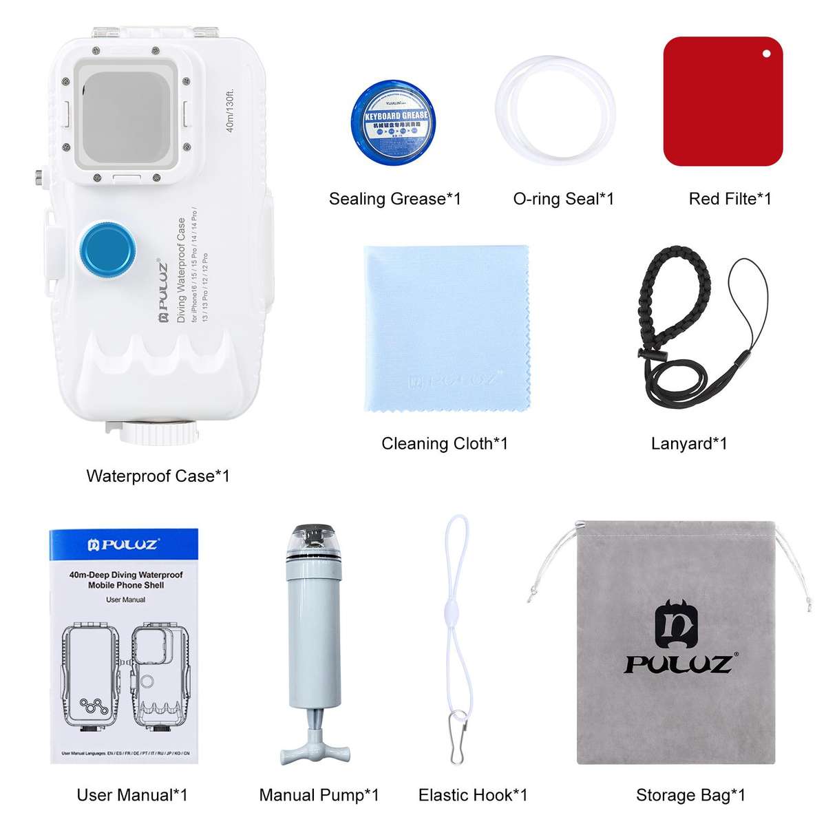 PULUZ 40m/130ft Waterproof Diving Case for iPhone 16 / 15 / 15 Pro / 14 / 14 Pro / 13 ... (White)