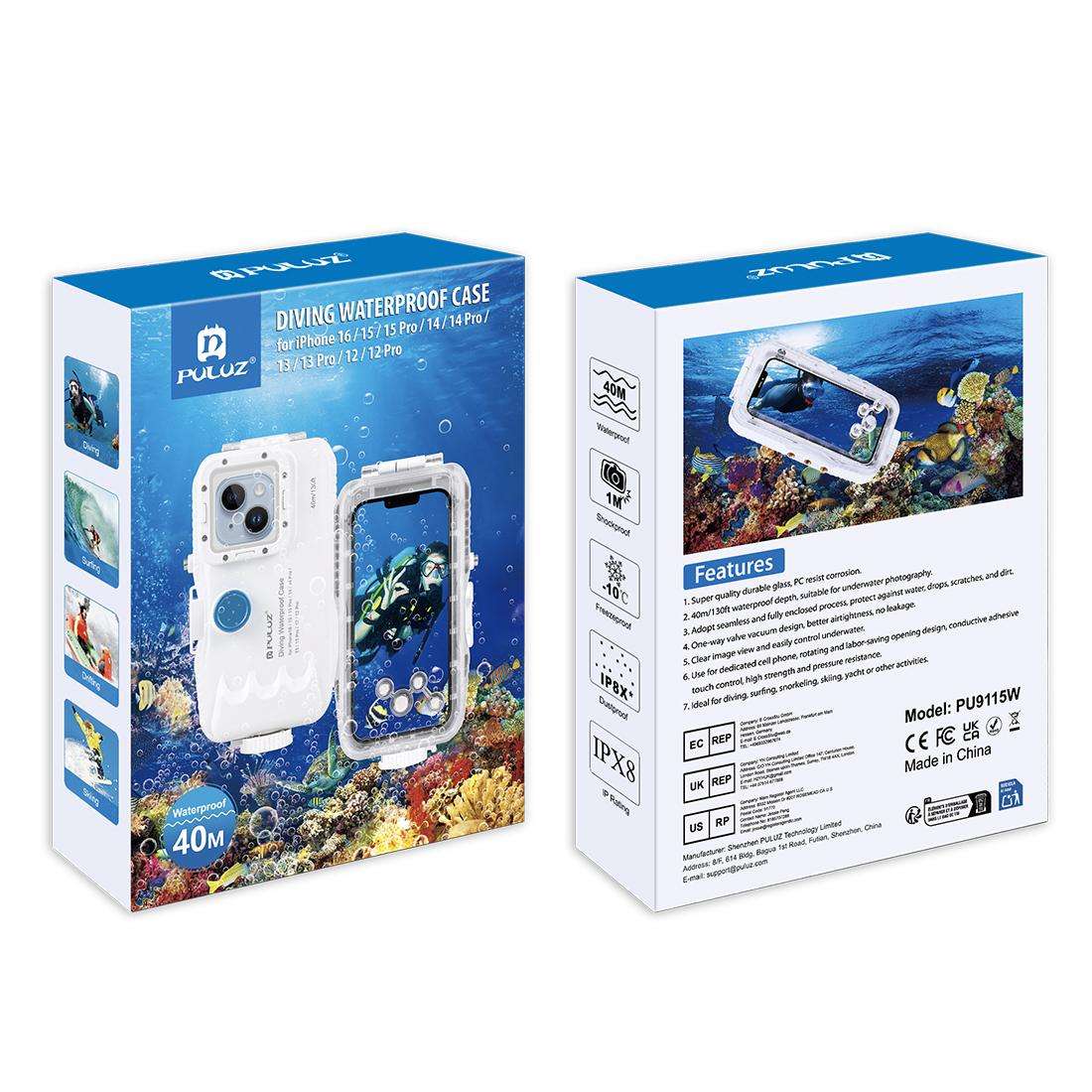 PULUZ 40m/130ft Waterproof Diving Case for iPhone 16 / 15 / 15 Pro / 14 / 14 Pro / 13 ... (White)