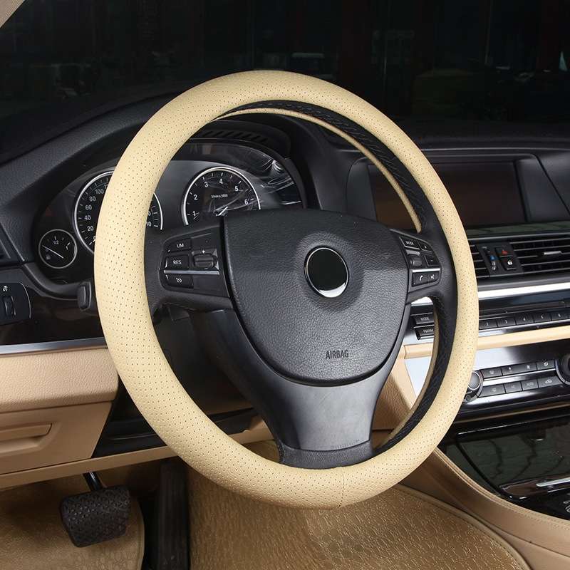 Leather Steering Wheel Cover With Needle and Thread, Size: 54x10.5cm (Black)