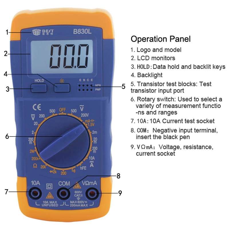 BEST BST- B830L 9V LCD Screen Display Digital Multimeter