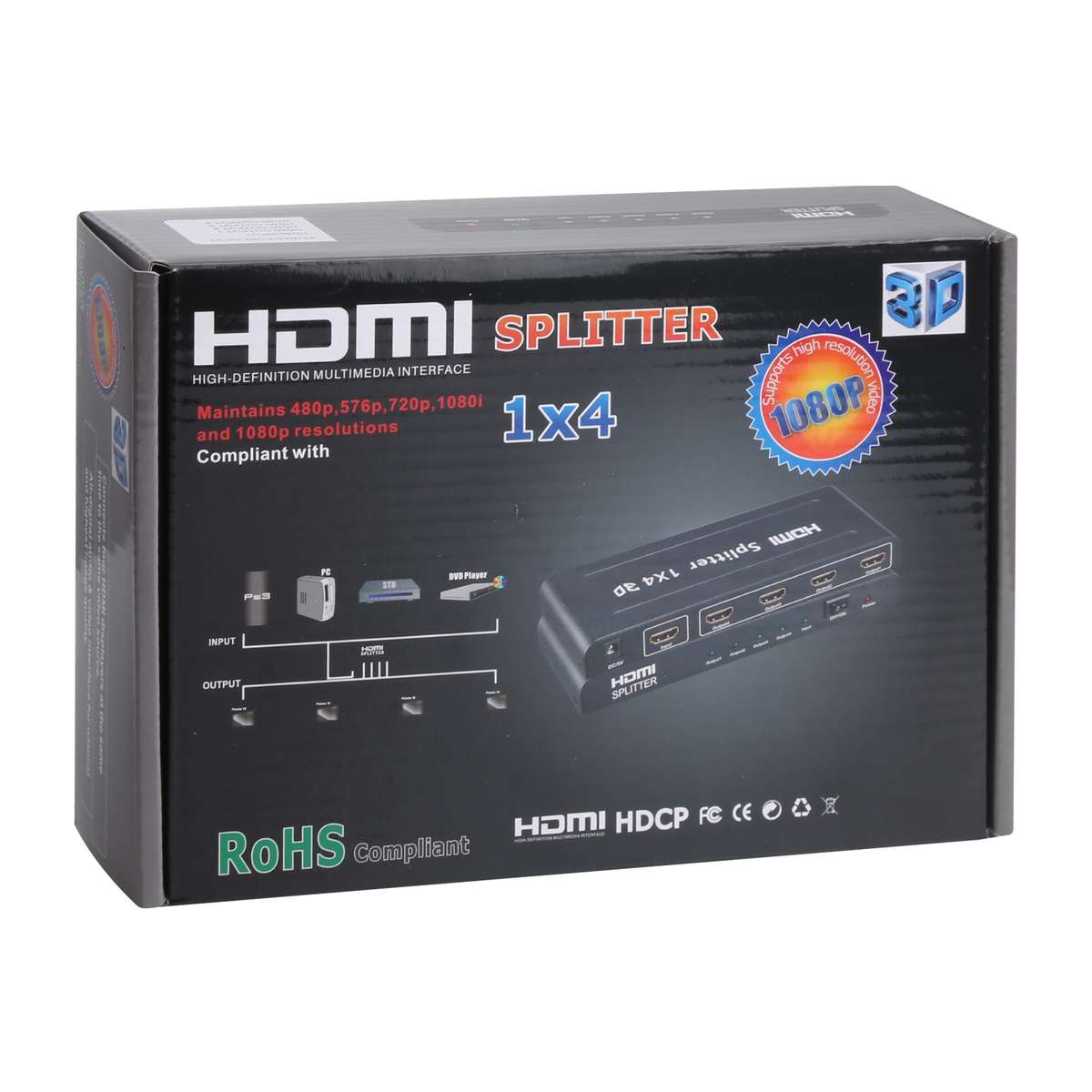 1080P 1x4 HDMI Splitter, 1.4 Version, EU Plug(Black)