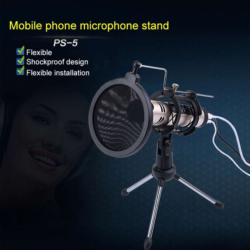PS-5 Universal Live Broadcast Bracket Tripod Holder with Anti-spray Net & Microphone Clip & Shockp
