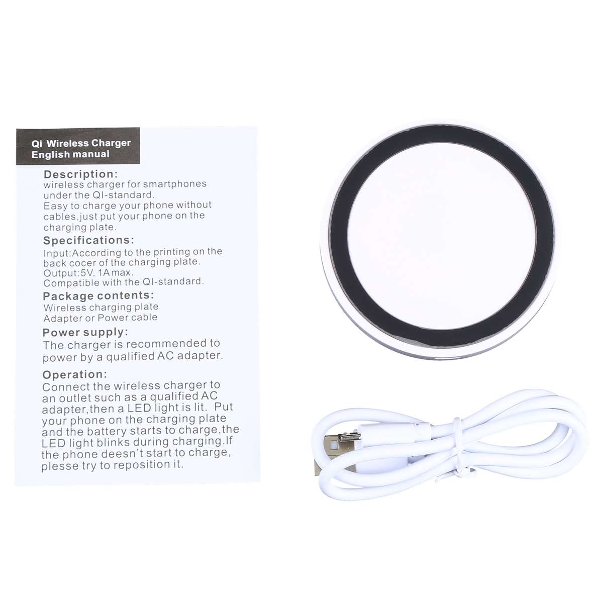 Universal QI Standard Round Wireless Charging Pad (White + Black)