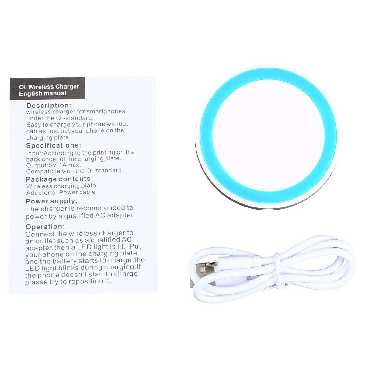 Universal QI Standard Round Wireless Charging Pad (White + Blue)