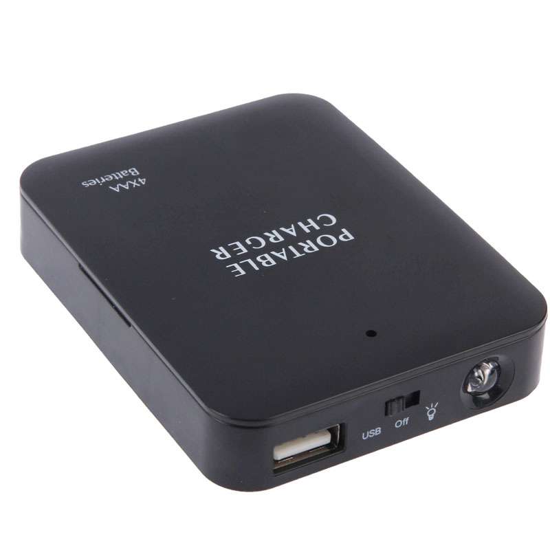 USB 2.0 4 x AA Batteries Box Portable Charger with Flashlight(Black)