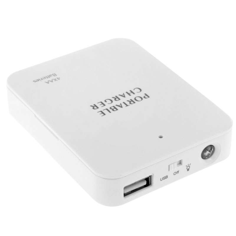 USB 2.0 4 x AA Batteries Box Portable Charger with Flashlight(White)