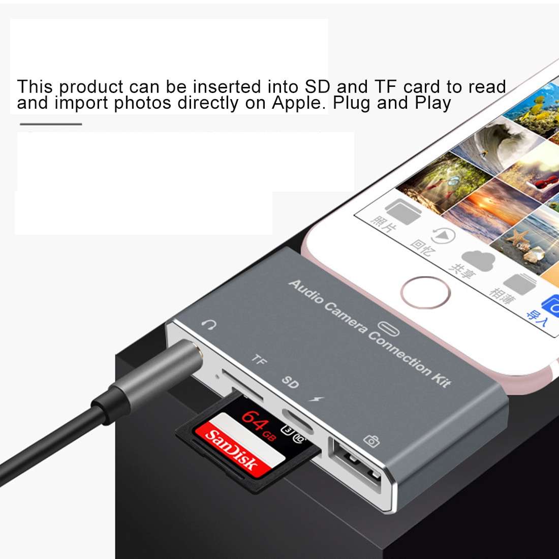 D-198 5 in 1 8 Pin to USB HUB +USB-C / Type-C + 3.5mm Earphone + SD + TF Card Reader for MacBook,