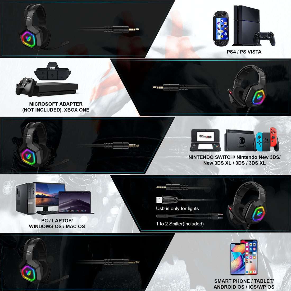ONIKUMA K10 3.5mm Computer Games Wired Headset with RGB LED Light