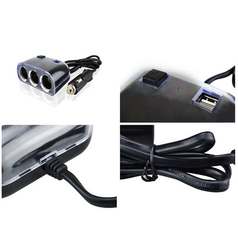 Car Cigarette Lighter Splitter Adapter 3 Socket Cigarette Lighter Splitter Dual USB Car Charger On