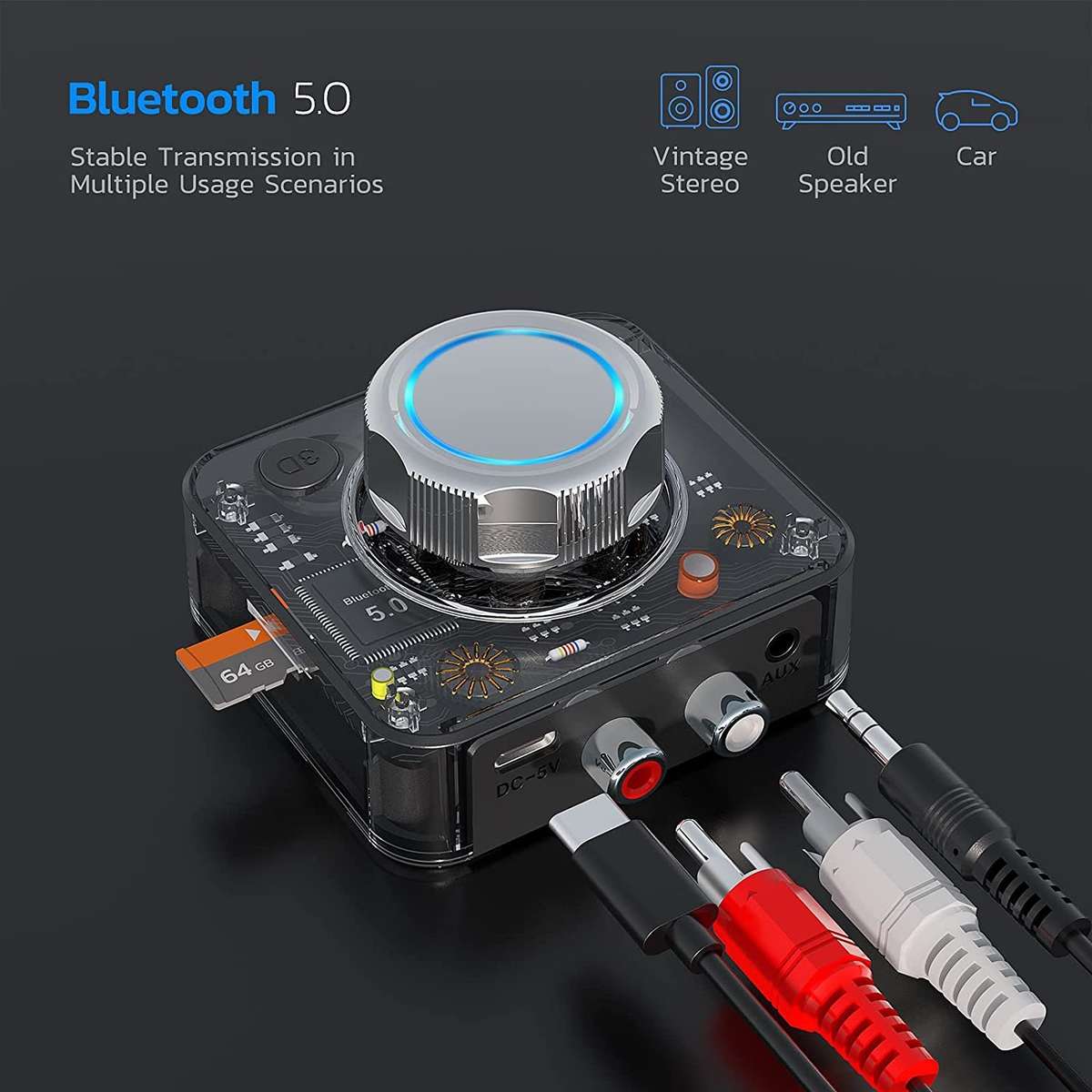 C39 Bluetooth 5.0 Receiver RCA to 3.5mm Wireless Audio Converter Support TF Card