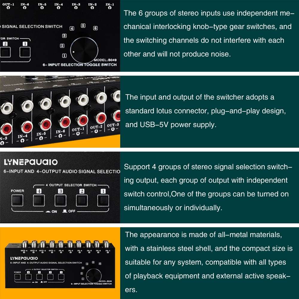 6 In 4 Out RCA Audio Switcher Signal Selector Distribute Device Switch Control