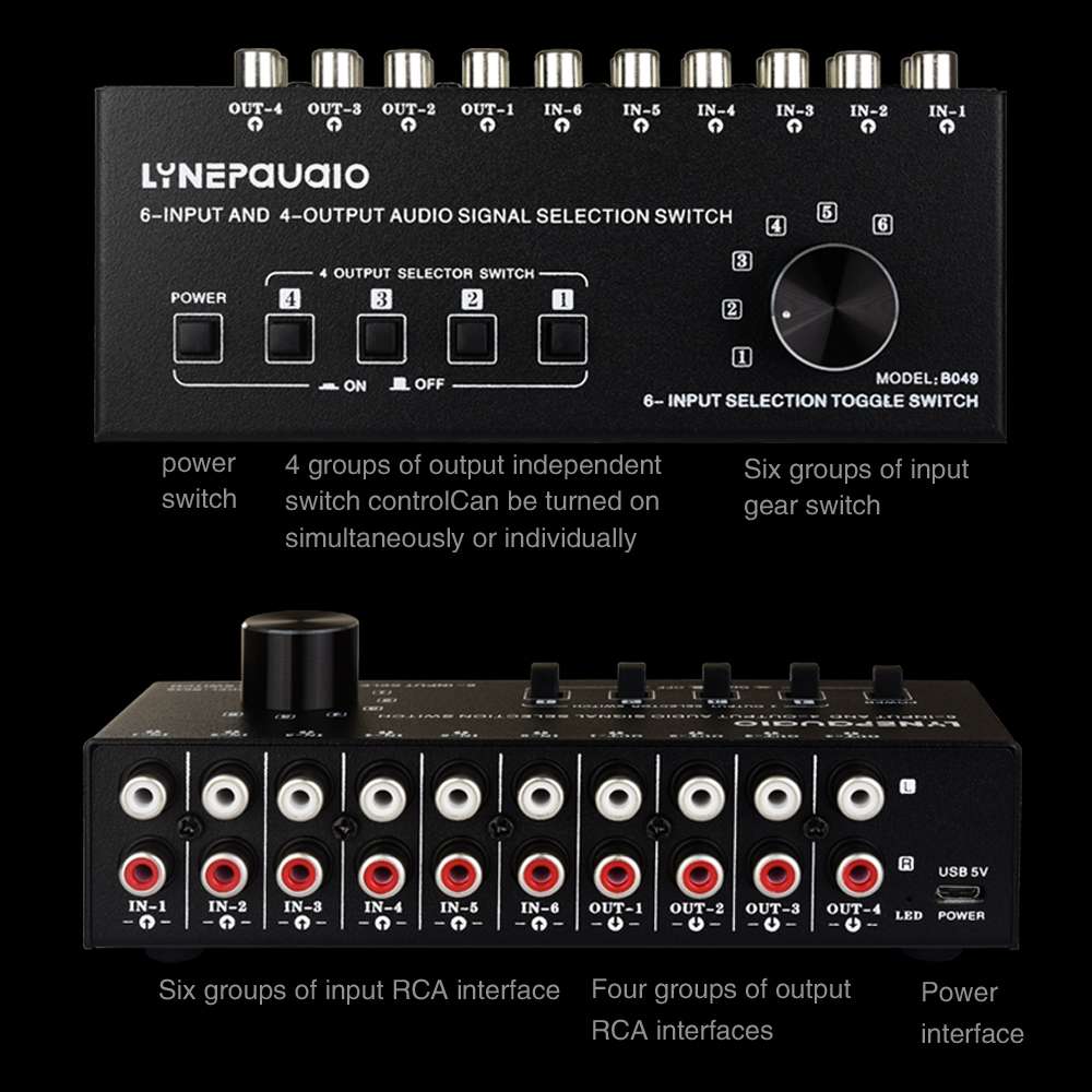 6 In 4 Out RCA Audio Switcher Signal Selector Distribute Device Switch Control