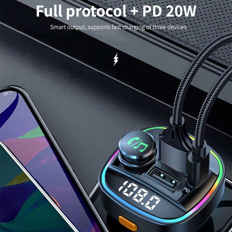C22 Car Bluetooth 5.0 FM Transmitter LED Light Voltage Display QC 3.0 PD Charger