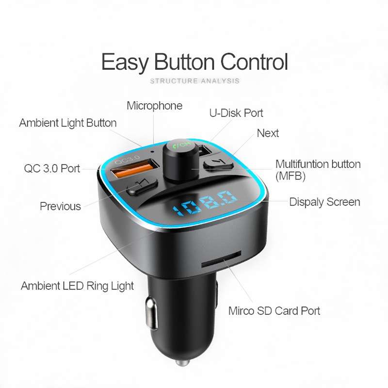 T25S Car MP3 Player Multi-function BT5.0 Dual USB Chargers