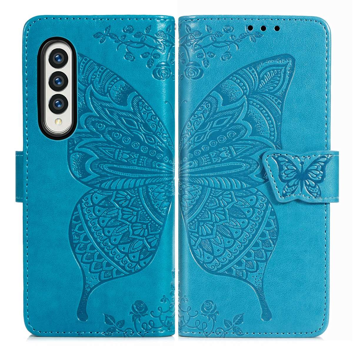 For Samsung Galaxy Z Fold4 Butterfly Love Flower Embossed Horizontal Flip Leather Phone Case(Blue)