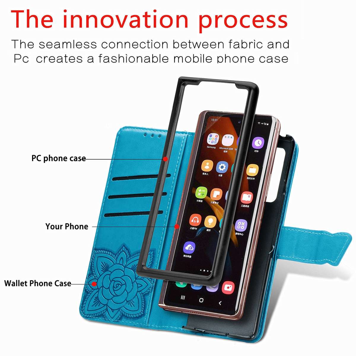 For Samsung Galaxy Z Fold4 Butterfly Love Flower Embossed Horizontal Flip Leather Phone Case(Blue)