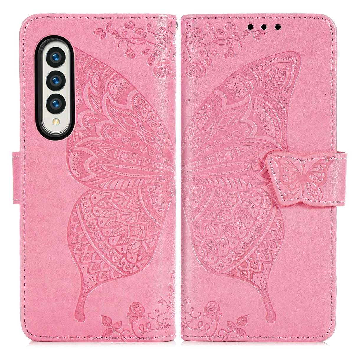 For Samsung Galaxy Z Fold4 Butterfly Love Flower Embossed Horizontal Flip Leather Phone Case(Pink)
