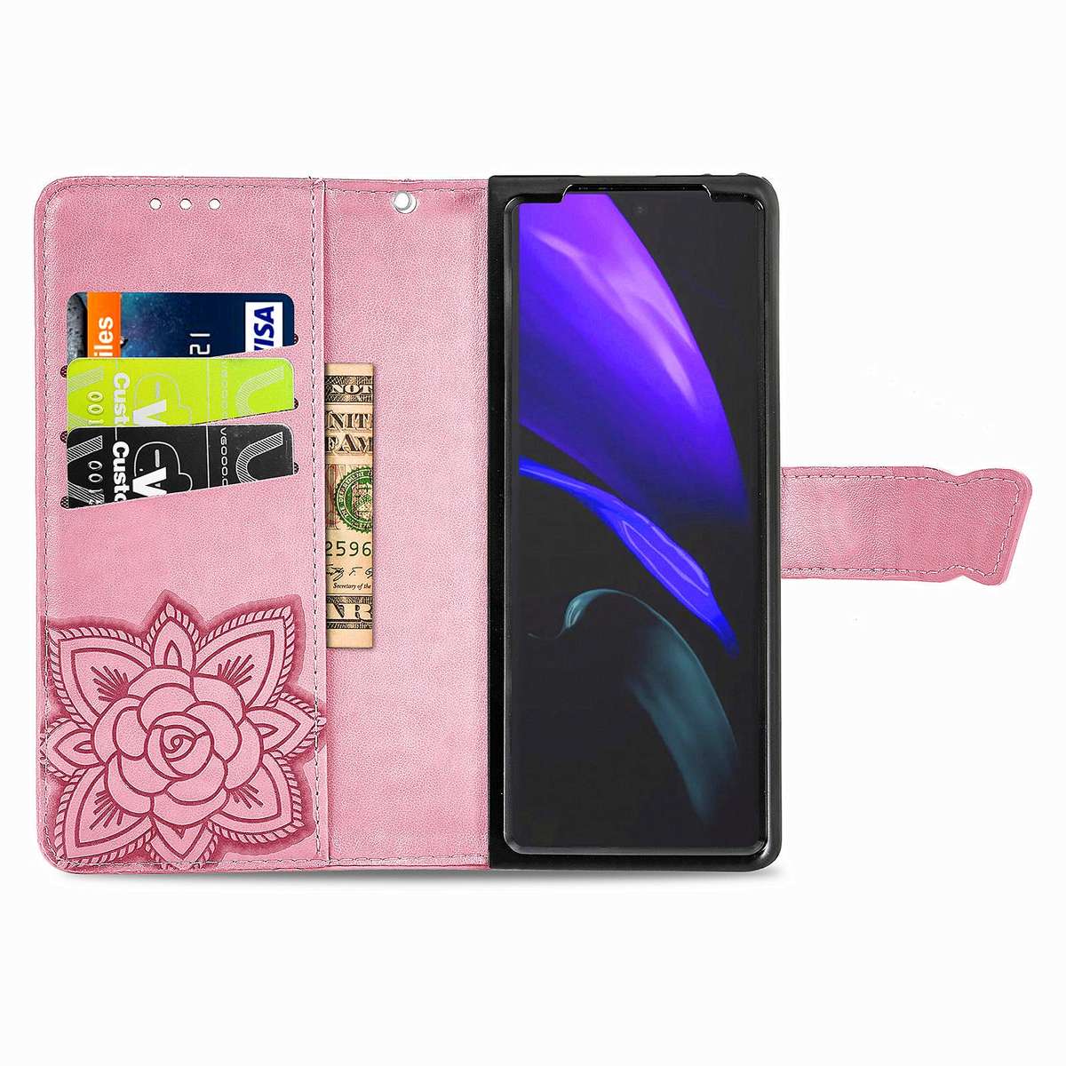 For Samsung Galaxy Z Fold4 Butterfly Love Flower Embossed Horizontal Flip Leather Phone Case(Pink)