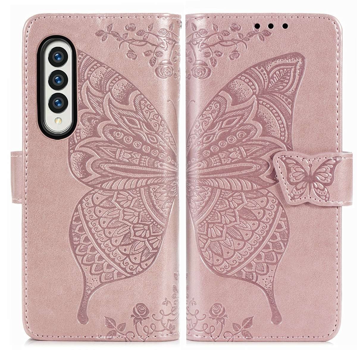 For Samsung Galaxy Z Fold4 Butterfly Love Flower Embossed Horizontal Flip Leather ... (Rose Gold)
