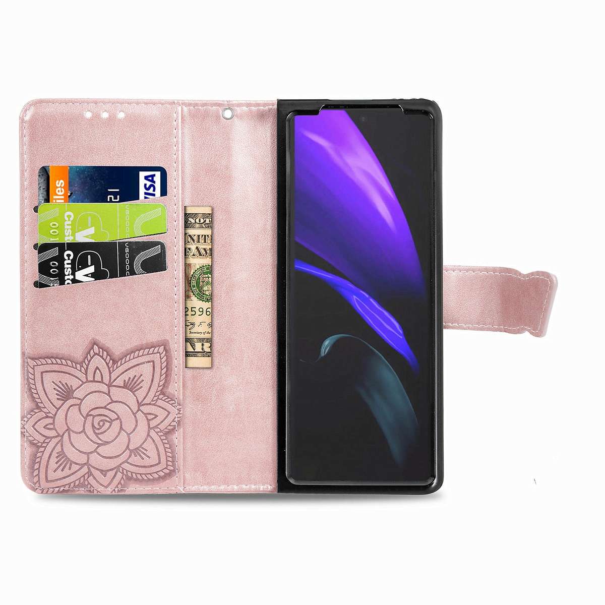 For Samsung Galaxy Z Fold4 Butterfly Love Flower Embossed Horizontal Flip Leather ... (Rose Gold)