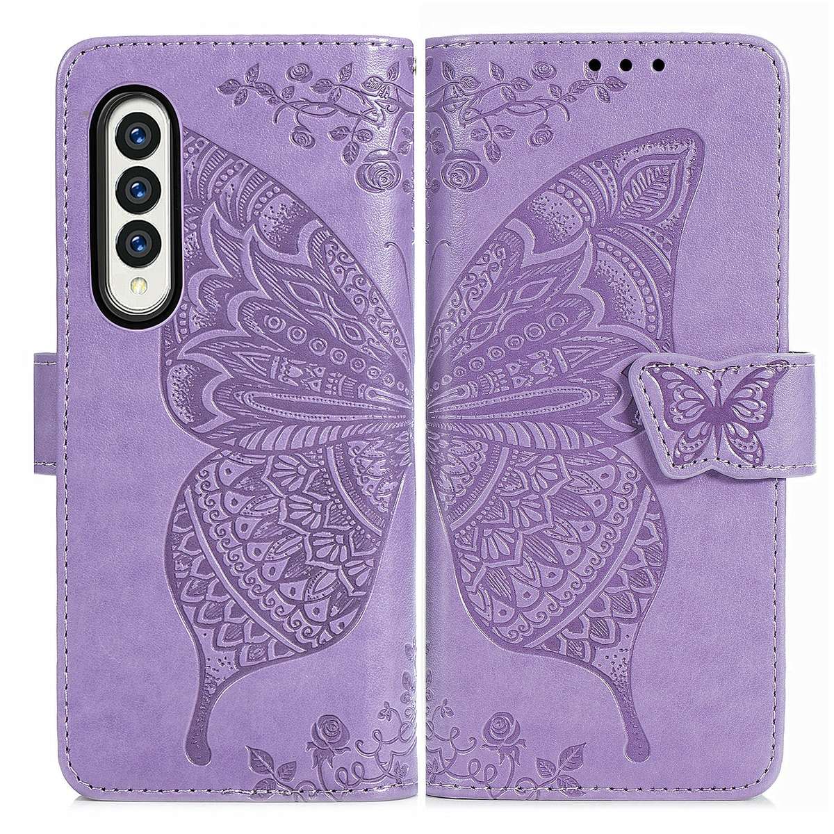 For Samsung Galaxy Z Fold4 Butterfly Love Flower Embossed Horizontal Flip Leath ... (Light Purple)