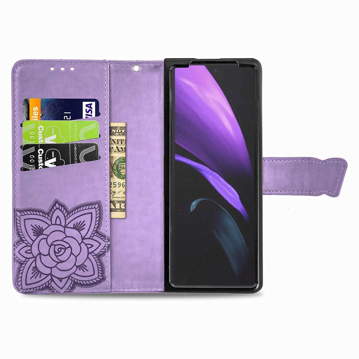 For Samsung Galaxy Z Fold4 Butterfly Love Flower Embossed Horizontal Flip Leath ... (Light Purple)