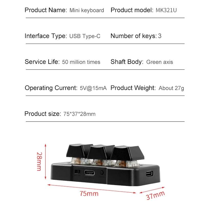 MK321BT Bluetooth 5.1 3 Keys Custom Keys Game Office PS Clip Macro Programming Keypad(Black)