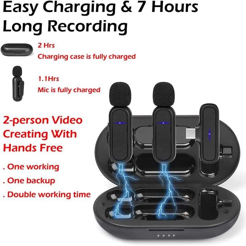 Wireless Lavalier Noise Reduction Microphone USB-C Clip On Microphone with Charging Case