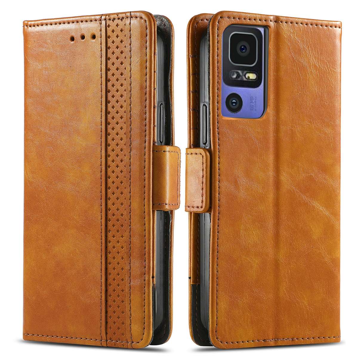 For TCL 40 SE CaseNeo Splicing Dual Magnetic Buckle Leather Phone Case(Khaki)