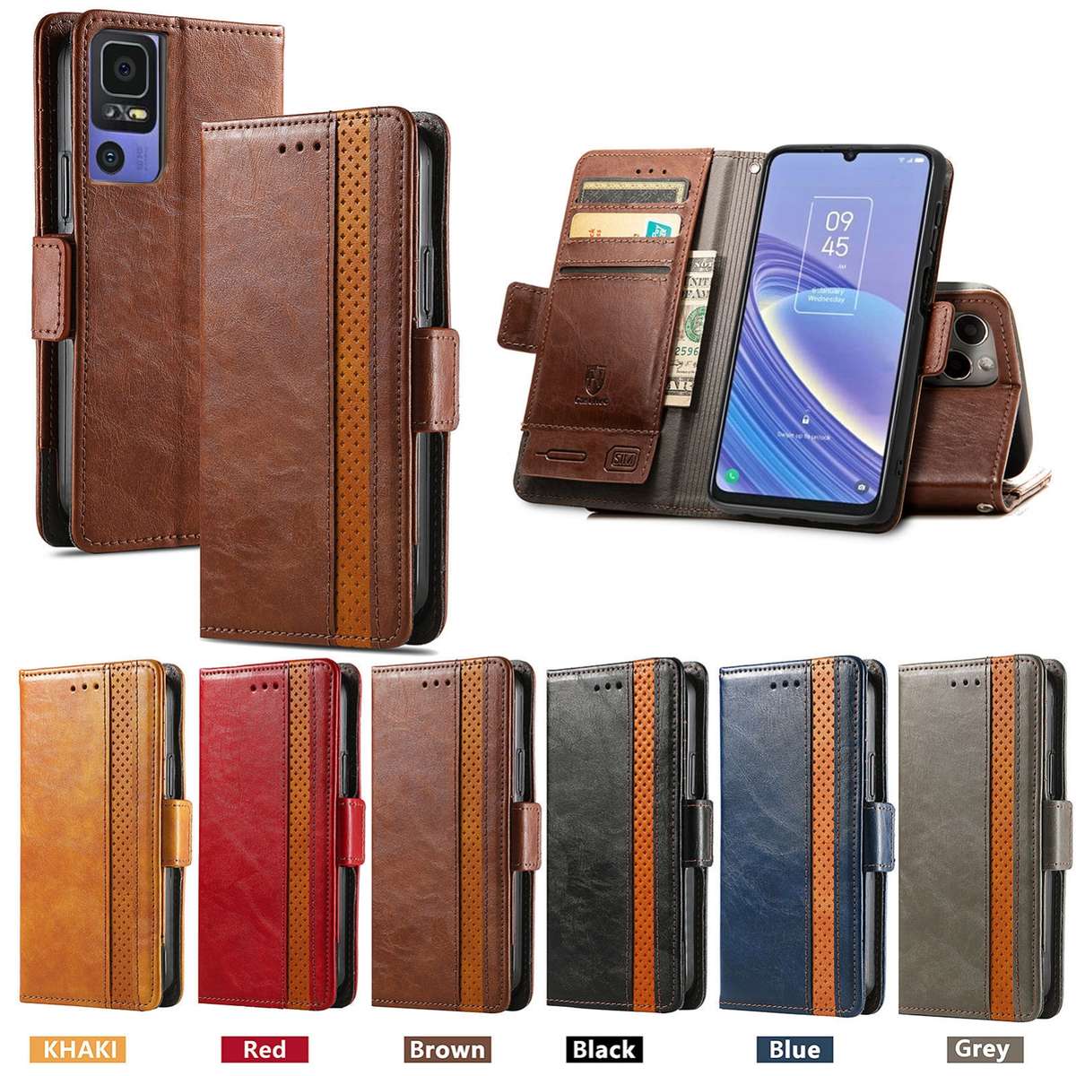 For TCL 40 SE CaseNeo Splicing Dual Magnetic Buckle Leather Phone Case(Khaki)