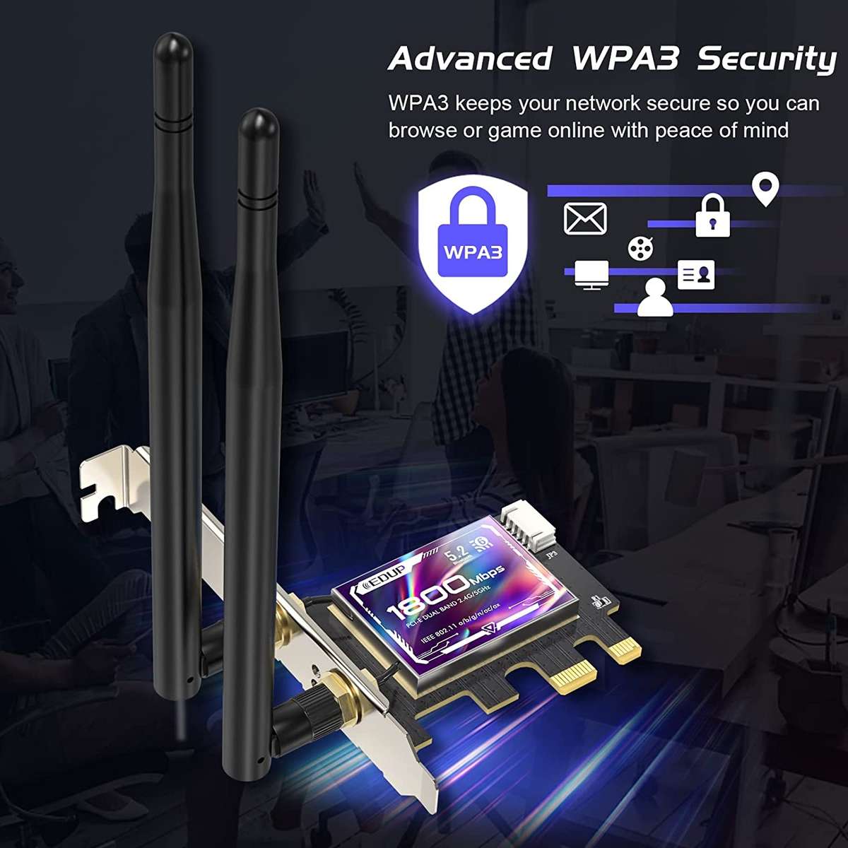 EDUP EP-9658 PCI-E WiFi 6 Card AX1800M Bluetooth 5.2 Adapter for Desktop PC, 2.4GHz/5.8GHz Dual Ba