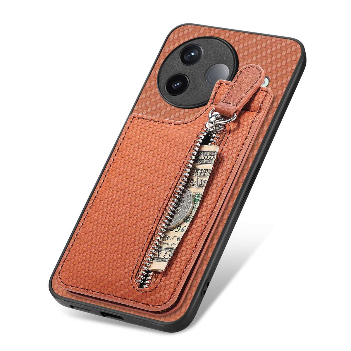 For Redmi K80 / Poco F7 Pro Carbon Fiber Vertical Flip Zipper Phone Case(Brown)