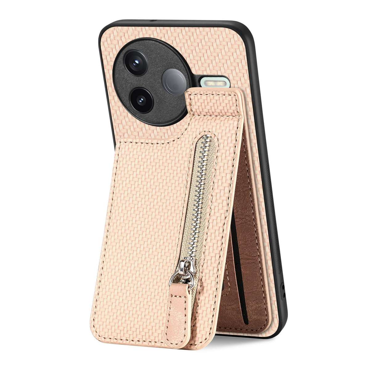 For Redmi K80 / Poco F7 Pro Carbon Fiber Vertical Flip Zipper Phone Case(Khaki)
