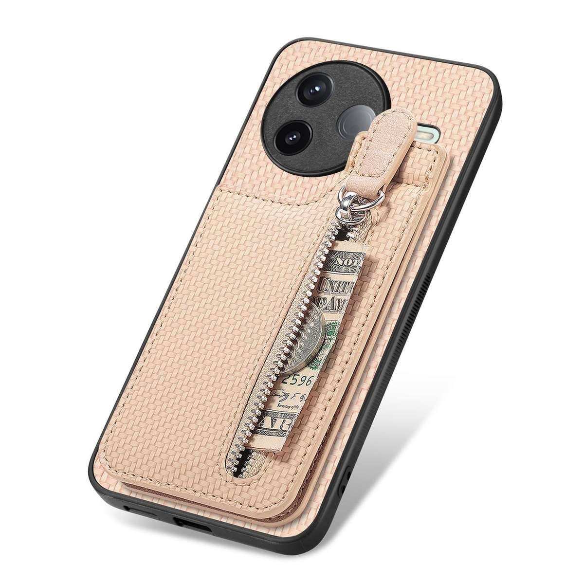 For Redmi K80 / Poco F7 Pro Carbon Fiber Vertical Flip Zipper Phone Case(Khaki)