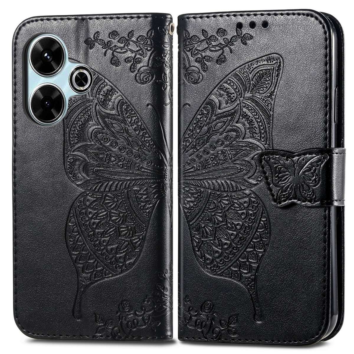 For Xiaomi Redmi 13 4G Butterfly Love Flower Embossed Leather Phone Case(Black)