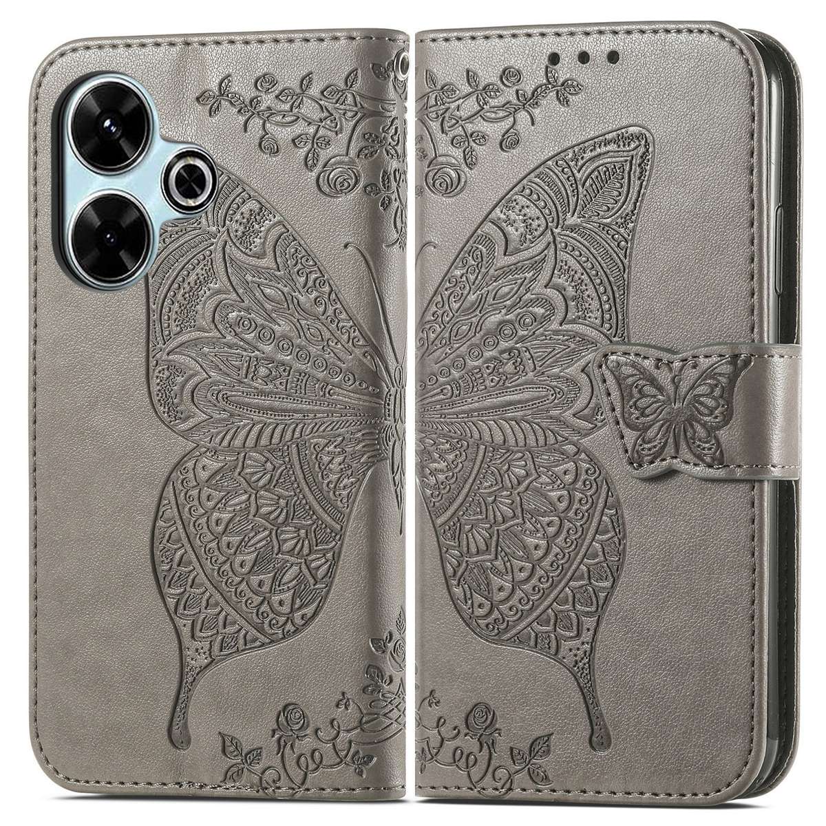 For Xiaomi Redmi 13 4G Butterfly Love Flower Embossed Leather Phone Case(Gray)