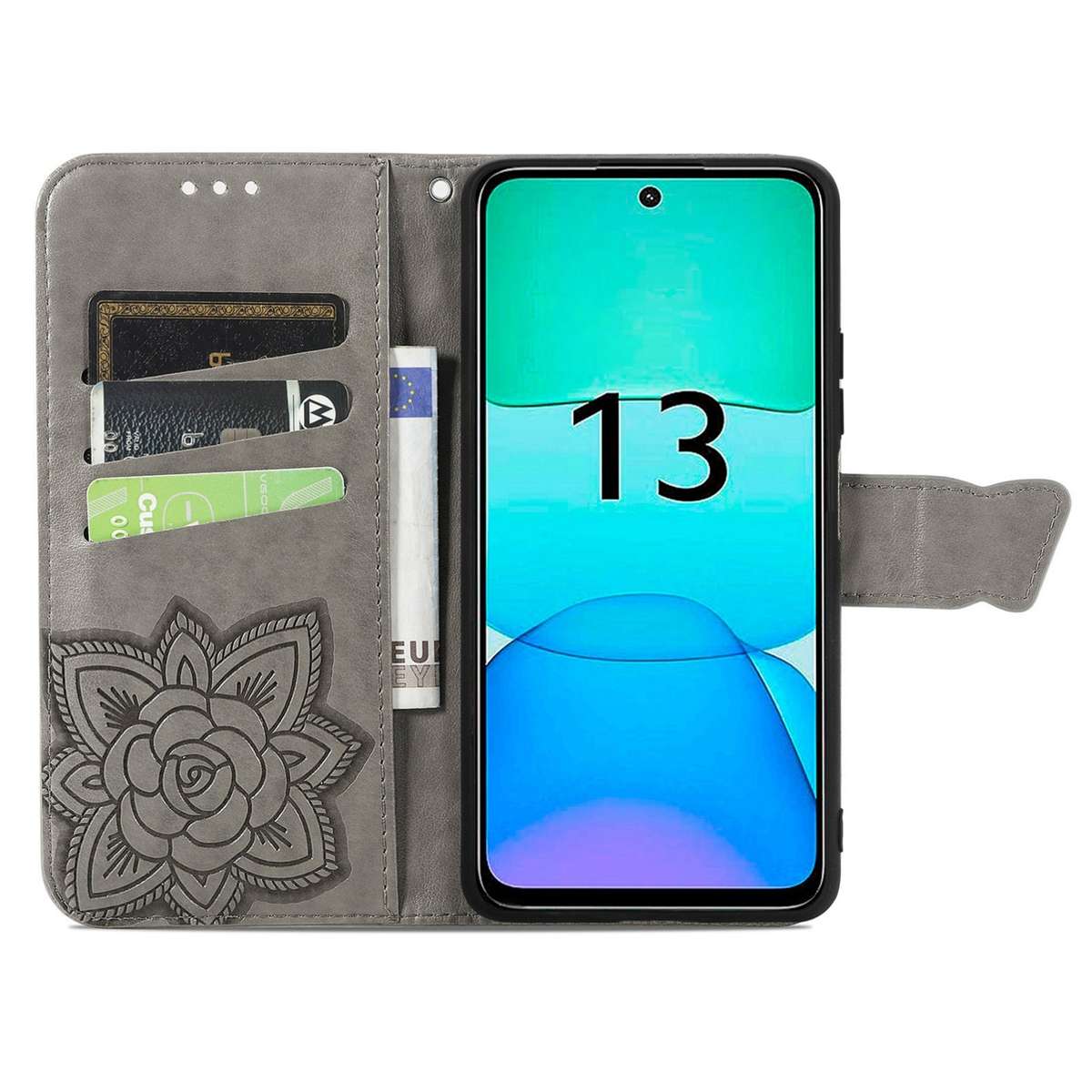For Xiaomi Redmi 13 4G Butterfly Love Flower Embossed Leather Phone Case(Gray)