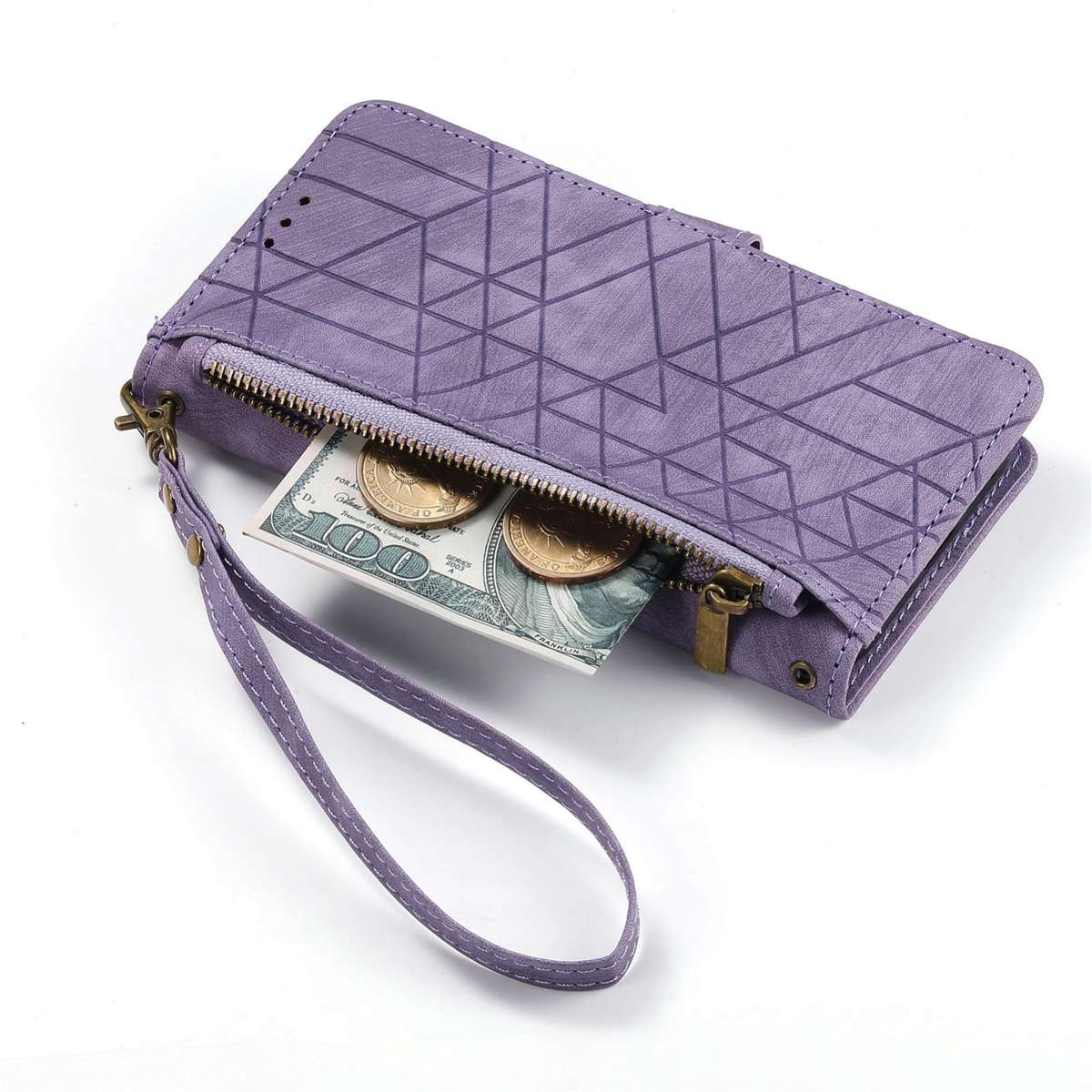 For Samsung Galaxy S21+ 5G Geometric Zipper Wallet Side Buckle Leather Phone Case(Purple)
