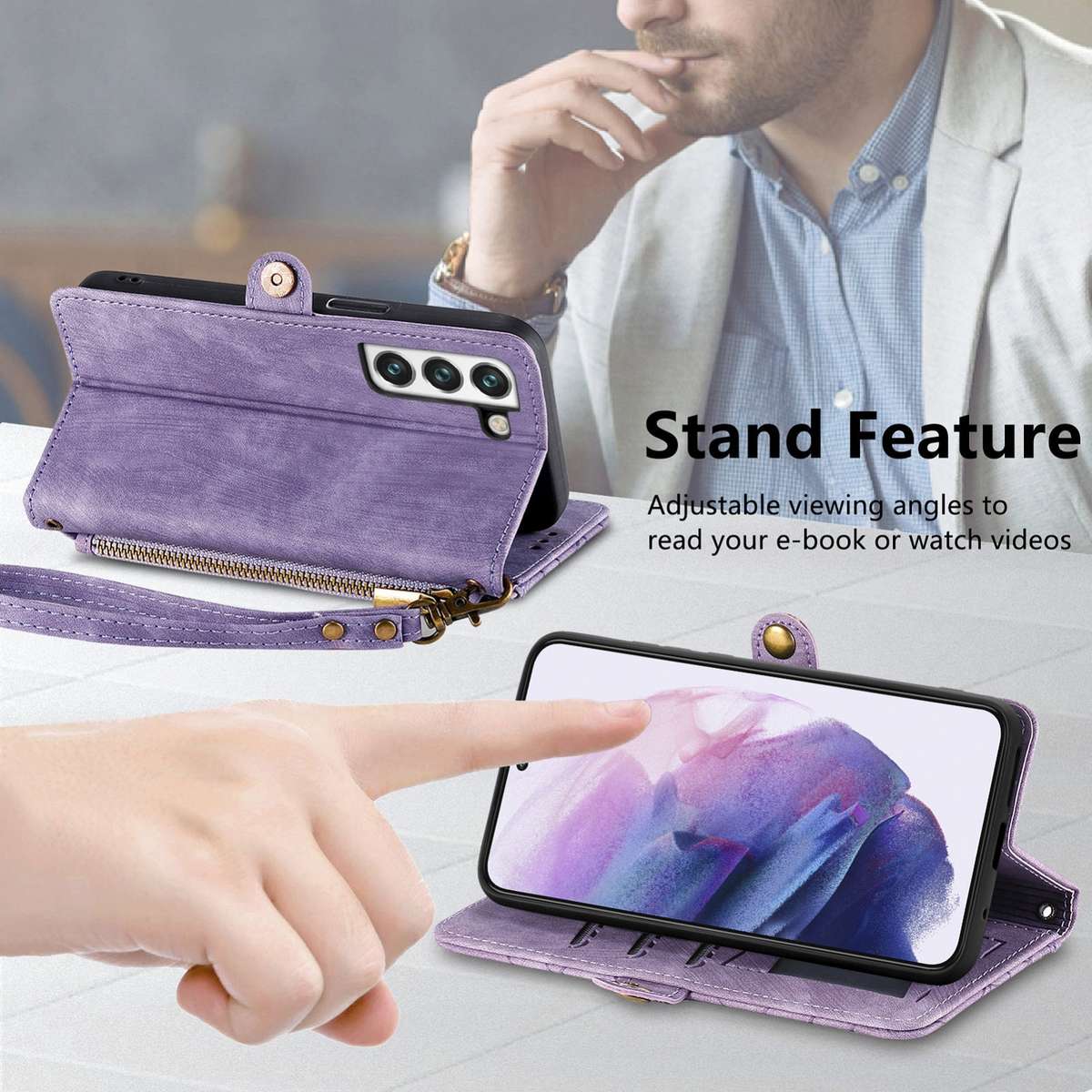 For Samsung Galaxy S21+ 5G Geometric Zipper Wallet Side Buckle Leather Phone Case(Purple)